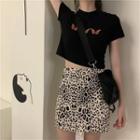 Short-sleeve Butterfly Embroidered T-shirt / Leopard Print A-line Skirt