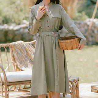 Long-sleeve Buttoned Cargo A-line Midi Dress
