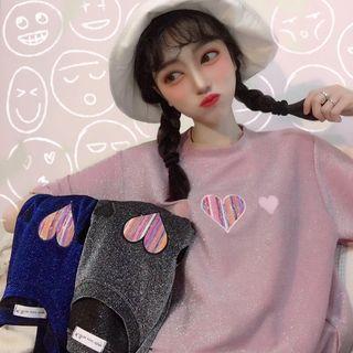Short-sleeve Heart Embroidered Glitter T-shirt