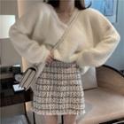 Rhinestone V-neck Sweater / Tweed Mini Skirt