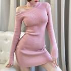 Long-sleeve Cutout Mock-neck Knit Mini Dress