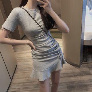 Drawstring Ruffle-hem Short-sleevedress