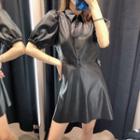 Faux Leather Short-sleeve A-line Dress