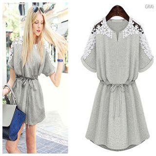 Lace Panel Short-sleeve Drawstring Waist Dress