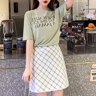 Set: Elbow-sleeve Letter T-shirt + Plaid A-line Mini Skirt