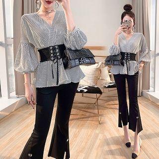 Set: 3/4-sleeve Striped Peplum Top + Boot-cut Pants