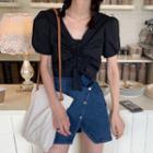 Ruched Puff-sleeve Cropped Blouse / Asymmetric Mini A-line Denim Skirt