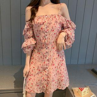 Floral Print Cold-shoulder Ruffle Chiffon Dress As Shown In Figure - One Size