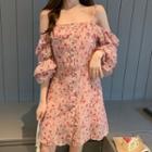 Floral Print Cold-shoulder Ruffle Chiffon Dress As Shown In Figure - One Size