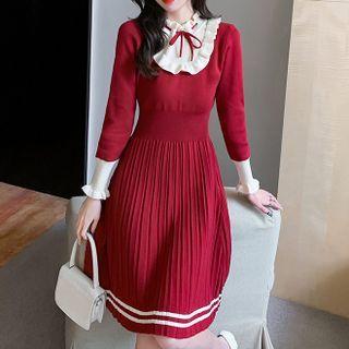 Long Sleeve V-neck Ruffle Trim Knit Dress