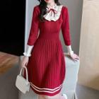 Long Sleeve V-neck Ruffle Trim Knit Dress