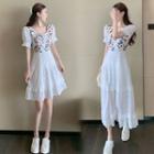 Puff-sleeve Floral Embroidery Mesh Dress
