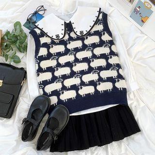 Long-sleeve Sailor Collar Embroidered Blouse / Printed Knit Vest