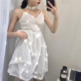Lace Panel Sequined Cutout Spaghetti Strap Dress