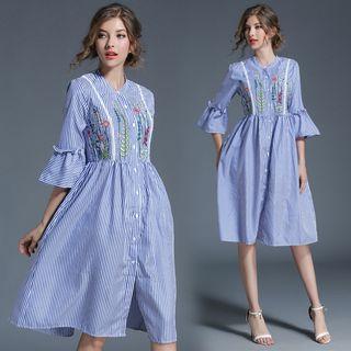Bell-sleeve Pinstripe Embroidery Shirtdress