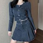 Set: Fray Hem Denim Jacket + Pleated Mini A-line Skirt