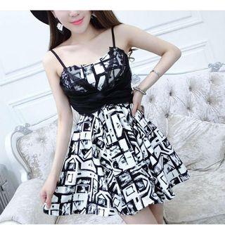 Printed Mesh Panel Spaghetti Strap Dress