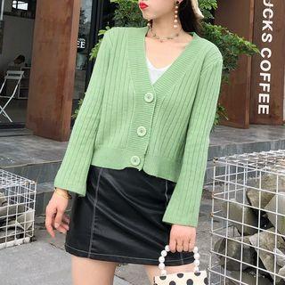 Bell-sleeve Plain Ribbed Cardigan
