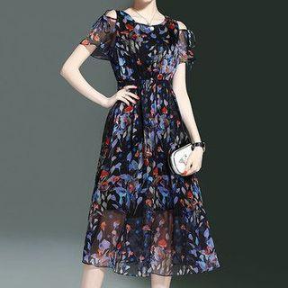Floral Print Off-shoulder Tie-waist Crewneck Chiffon A-line Slim Sheath Dress