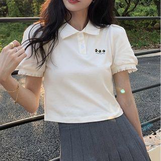 Short-sleeve Collar Flower Emboridered T-shirt