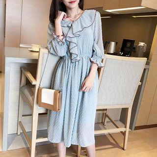 3/4-sleeve Ruffle A-line Chiffon Dress