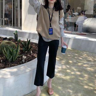 Plain Sweater Vest / Striped Shirt / Cropped Boot-cut Pants / Set