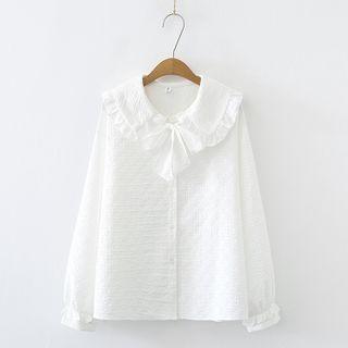 Bow-neck Ruffle Trim Blouse White - One Size