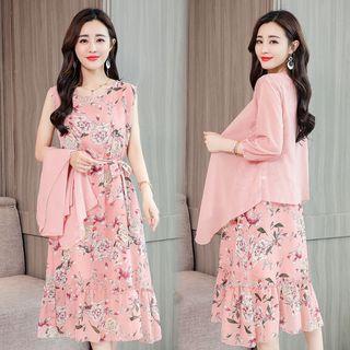 Set: Floral Sleeveless A-line Chiffon Dress + Light Jacket