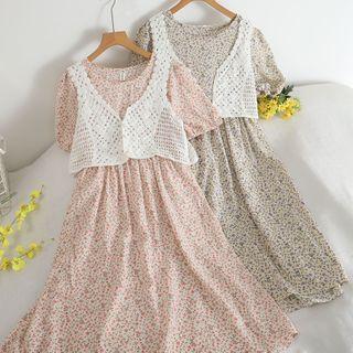 Set: Short-sleeve Floral Print Midi A-line Dress + Knit Camisole Top