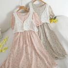 Set: Short-sleeve Floral Print Midi A-line Dress + Knit Camisole Top