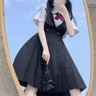 Short-sleeve Tie-neck Shirt / Mini A-line Overall Dress
