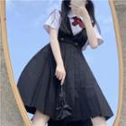 Short-sleeve Tie-neck Shirt / Mini A-line Overall Dress