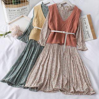 Set: Stand-collar Floral A-line Dress+ Knit Vest With Belt