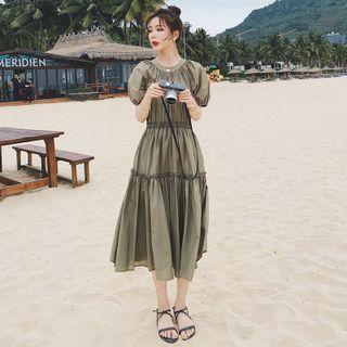 Puff-sleeve Ruffle Midi Smock Dress