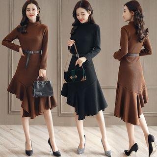 Asymmetric Ruffle Hem Knit Midi Dress