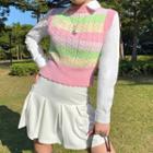 Rainbow Cable Knit Vest Green & Yellow & Pink - One Size