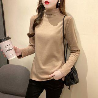 Mock Neck Letter Embroidered Long-sleeve Plain Top