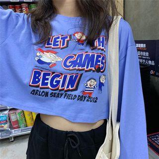 Long-sleeve Printed Crop T-shirt / Plain Shorts