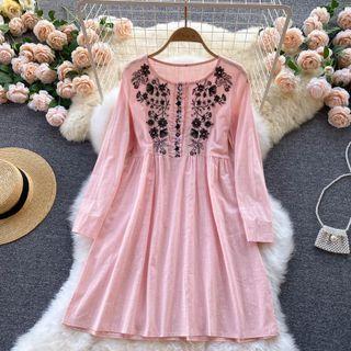 Round-neck Embroidered Long-sleeve Dress Pink - One Size