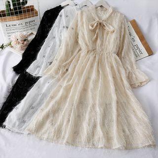 Ribbon-neckline Sequined Fringed A-line Dress