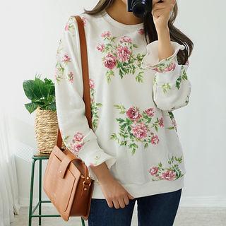 Ruffle-cuff Rose Pattern Sweatshirt