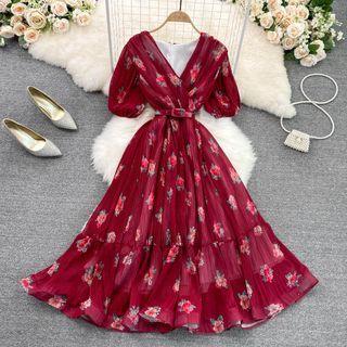 Short Sleeve Floral Print Pleated A-line Dress