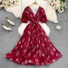 Short Sleeve Floral Print Pleated A-line Dress