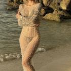 Long-sleeve Crew-neck Faux Pearl Mesh Cover-up