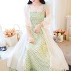 Spaghetti Strap A-line Maxi Dress / Elbow-sleeve Long Light Jacket / Set