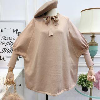Dolman-sleeved Ribbon-neckline Knit Dress