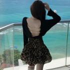 Long-sleeve Chain Strap Open-back T-shirt / Leopard Print Mini A-line Skirt