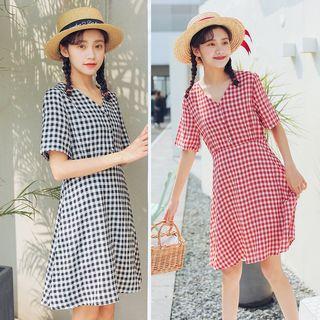 V-neck Checked Dress