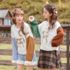 Colored Panel Deer Embroidered Knit Sweater