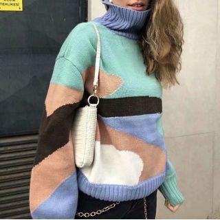 Color Block Turtleneck Sweater As Shown In Figure - One Size